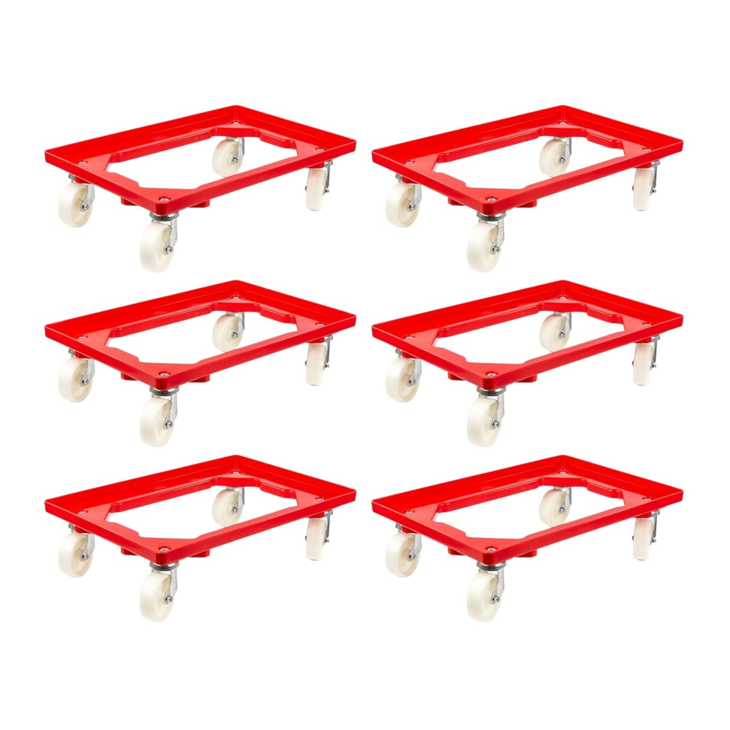 PROREGAL SparSet 6x Transportroller für Euroboxen 60 x 40 cm mit Kunststoffräder Rot Offenes Deck 4 Lenkrollen Traglast 