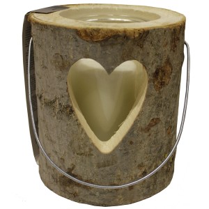 Rustikales Windlicht aus Holzstamm mit Glas und Herz-Ausschnitt, ca. 15x13 cm.