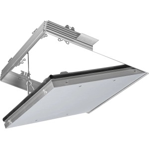 Geöffnete Knauf Revisionsklappe Revo F-Tec 80x80 cm, Zubehör für Gipskartonplatten.