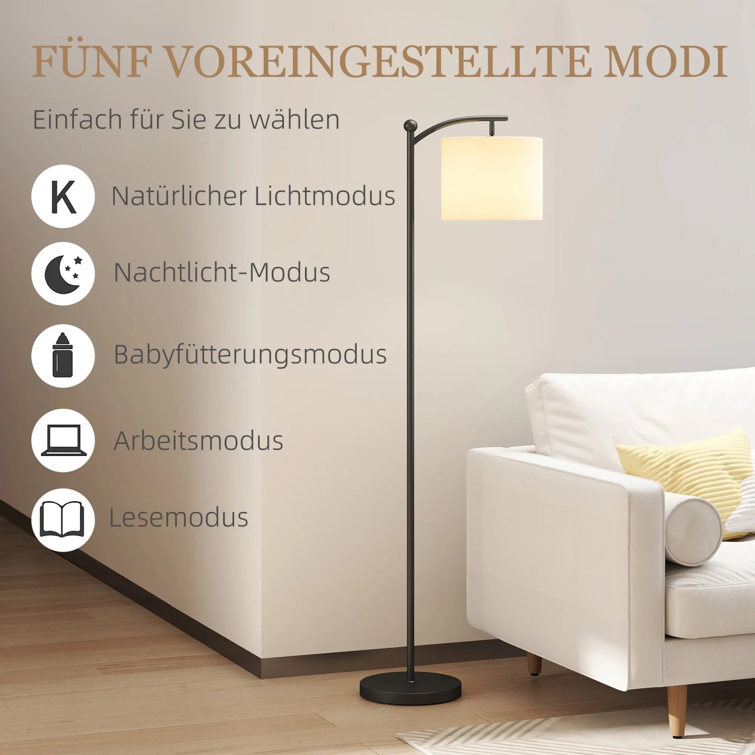 HOMCOM Stehlampe, schwarz mit cremefarbenem Stoffschirm, verschiedene Lichtmodi für Innenräume.