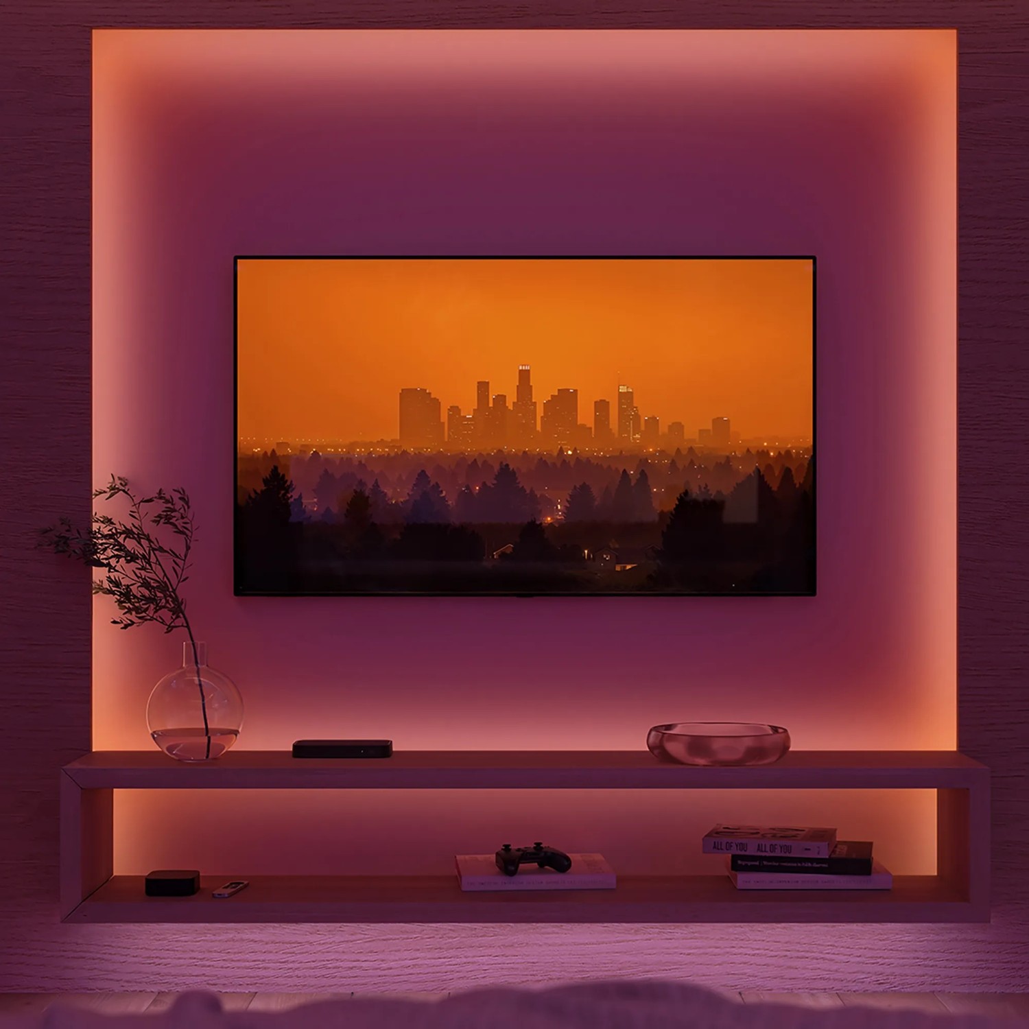 Philips Hue Lightstrip Flux 3m: Indirekte RGBW Beleuchtung hinter TV für stimmungsvolles Ambiente.
