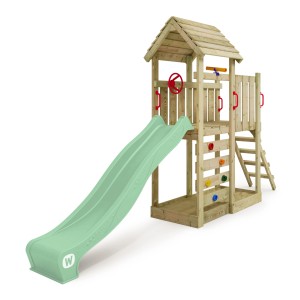 Wickey Spielturm JoyFlyer mit Rutsche in Pastellgrün, Kletterwand und Holzdach.
