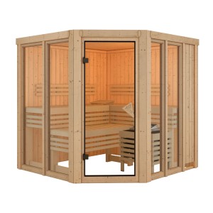 Karibu Sauna Airini, naturbelassene Massivholzsauna mit bronziertem Glas und Eckeinstieg.