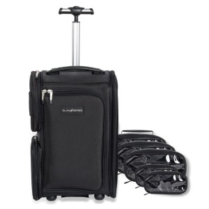 Schwarzer Glamseries Glamswitcher Trolley Rucksack mit ausziehbarem Griff und Rollen, daneben transparente Organizer-Taschen.