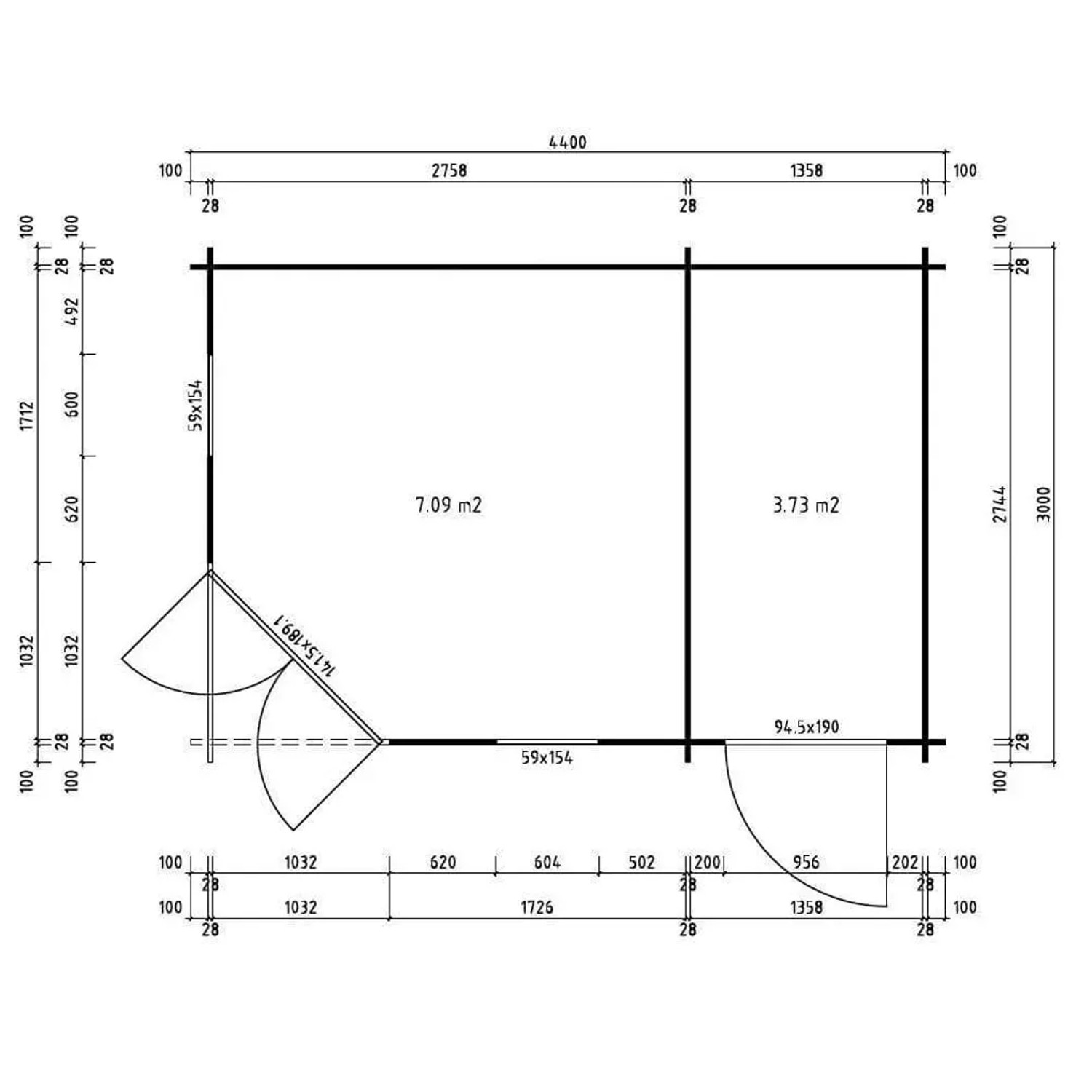 Grundriss Gartenhaus Alpholz Liwa Compact Walmdach 440x300 cm mit Maßen.