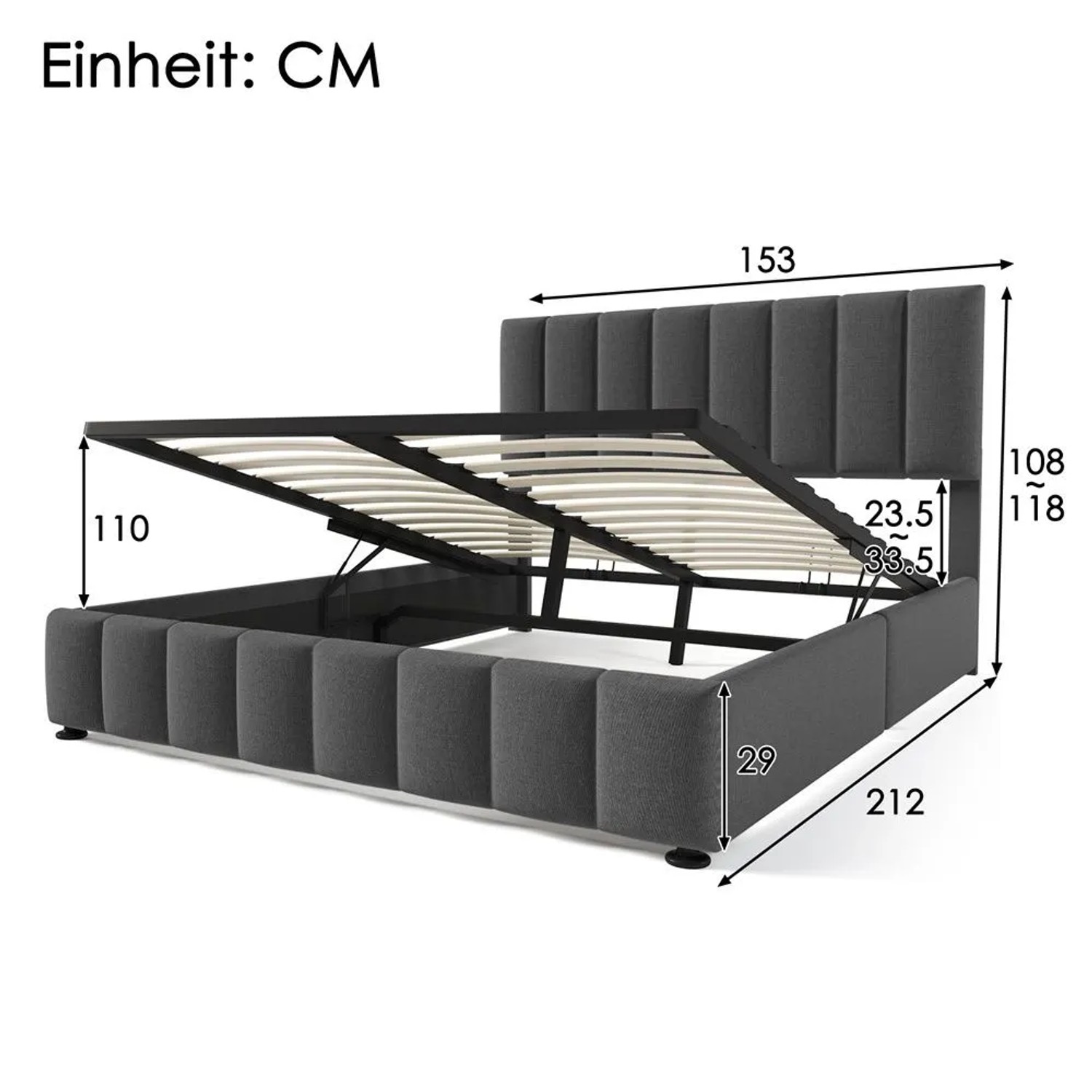 Graues, gepolstertes Doppelbett 140x200 cm mit Leinenbezug und hydraulischem Stauraum.