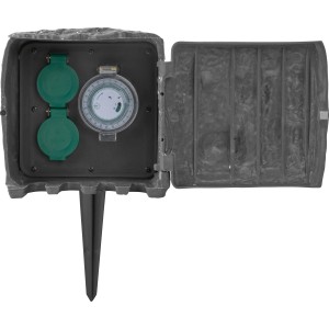 Gartensteckdose in Steinoptik mit 2 Steckdosen und Zeitschaltuhr.