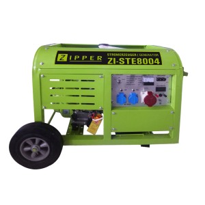 Grüner Zipper Stromerzeuger ZI-STE8004 mit 8 kW, Rädern und Griffen.