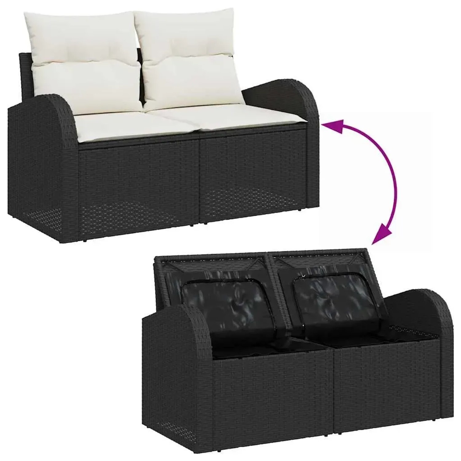 vidaXL Gartenmöbel Set, 4-teilig, schwarz, Poly Rattan, mit Kissen und Stauraum.