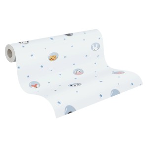 Vliestapete mit Tiermotiven in Blau und Weiß für das Kinderzimmer.
