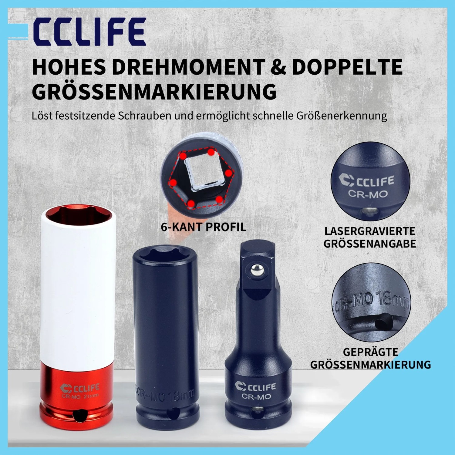 CCLIFE Schlagschrauber Nüsse: rote Radschraubnuss, blaue Stecknuss, Adapter. Cr-Mo Stahl, 6-Kant Profil, 1/2 Zoll, Größenmarkierung.
