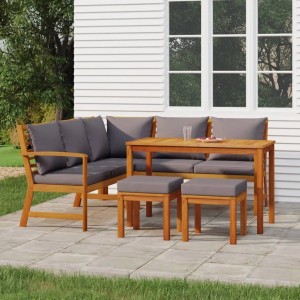 6-tlg. Garten Essgruppe aus Akazienholz mit grauen Kissen: Sofa, Tisch und Hocker für Terrasse oder Garten.