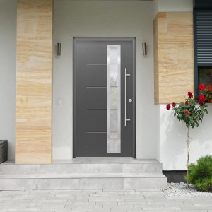 Moderne anthrazitfarbene Sicherheits-Haustür mit Glaseinsatz, ThermoSpace Prime Paris RC2, 110x210 cm.
