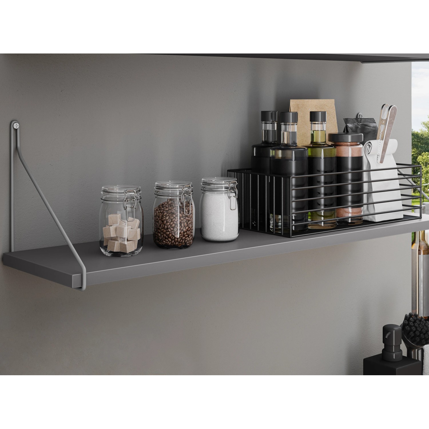 Anthrazitfarbenes MDF-Wandregal Oldham (80x20cm) mit Deko-Elementen. Modernes Design für Regale & Regalböden.