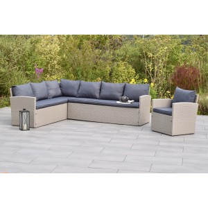 Merxx Chicago Eck-Set: Lounge-Gartenmöbel mit Bank, Sessel und grauen Sitzkissen aus Kunststoffgeflecht.