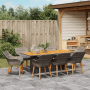 9-teilige Garten Essgruppe Grau Poly Rattan mit Akazienholz Tischplatte für 8 Personen.