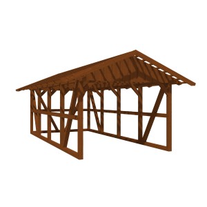 Skan Holz Carport Schwarzwald Nuss, Fachwerkbauweise mit Dachlattung und Rückwand.