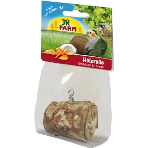 JR Farm Holzrolle für Großsittiche & Papageien, gefüllt mit Kokos-Karotten-Mix, als Ergänzungsfutter und Spielzeug.