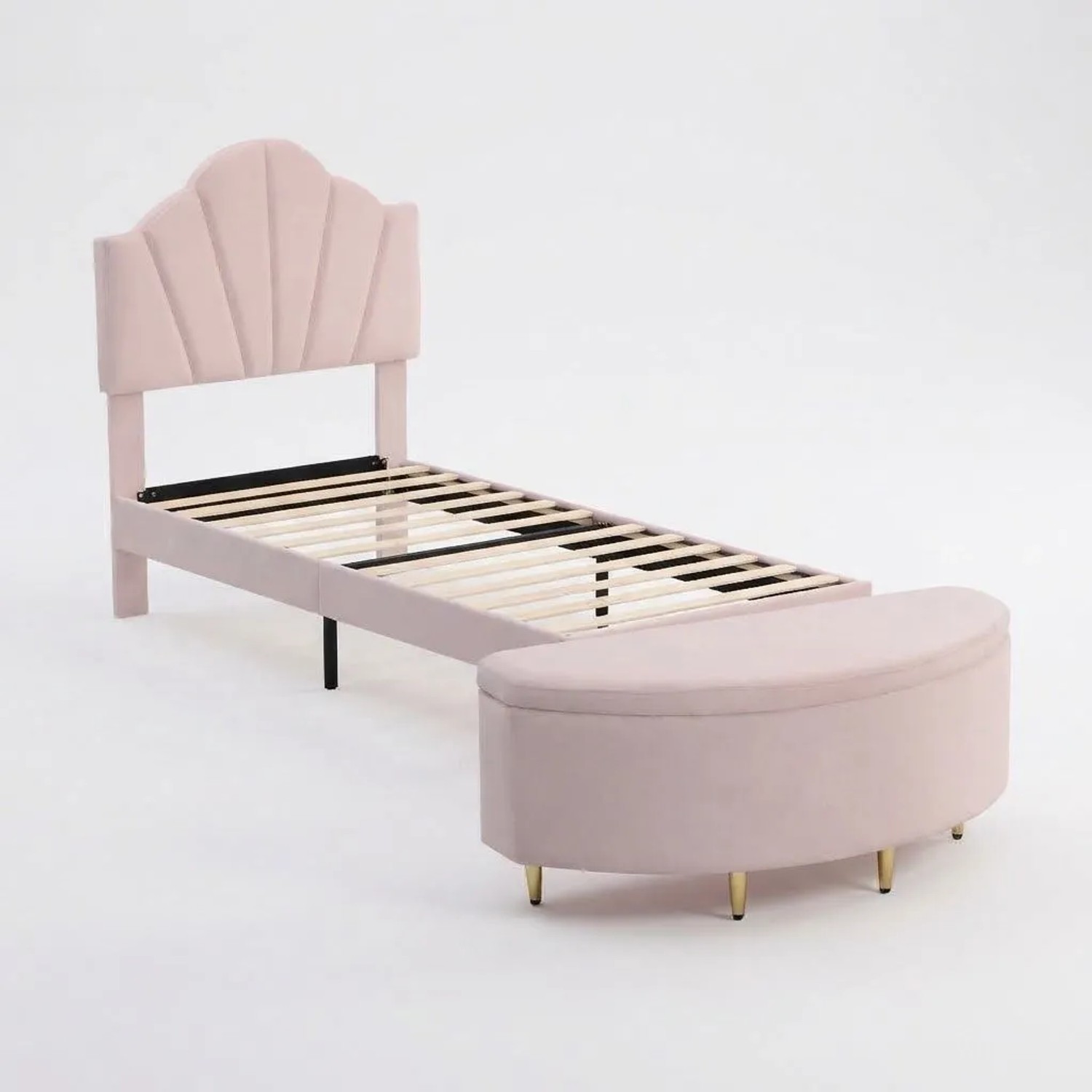 Merax Polsterbett 90x200 Muschelbett mit Polsterbank Stauraum Goldene Metallbeine Rosa