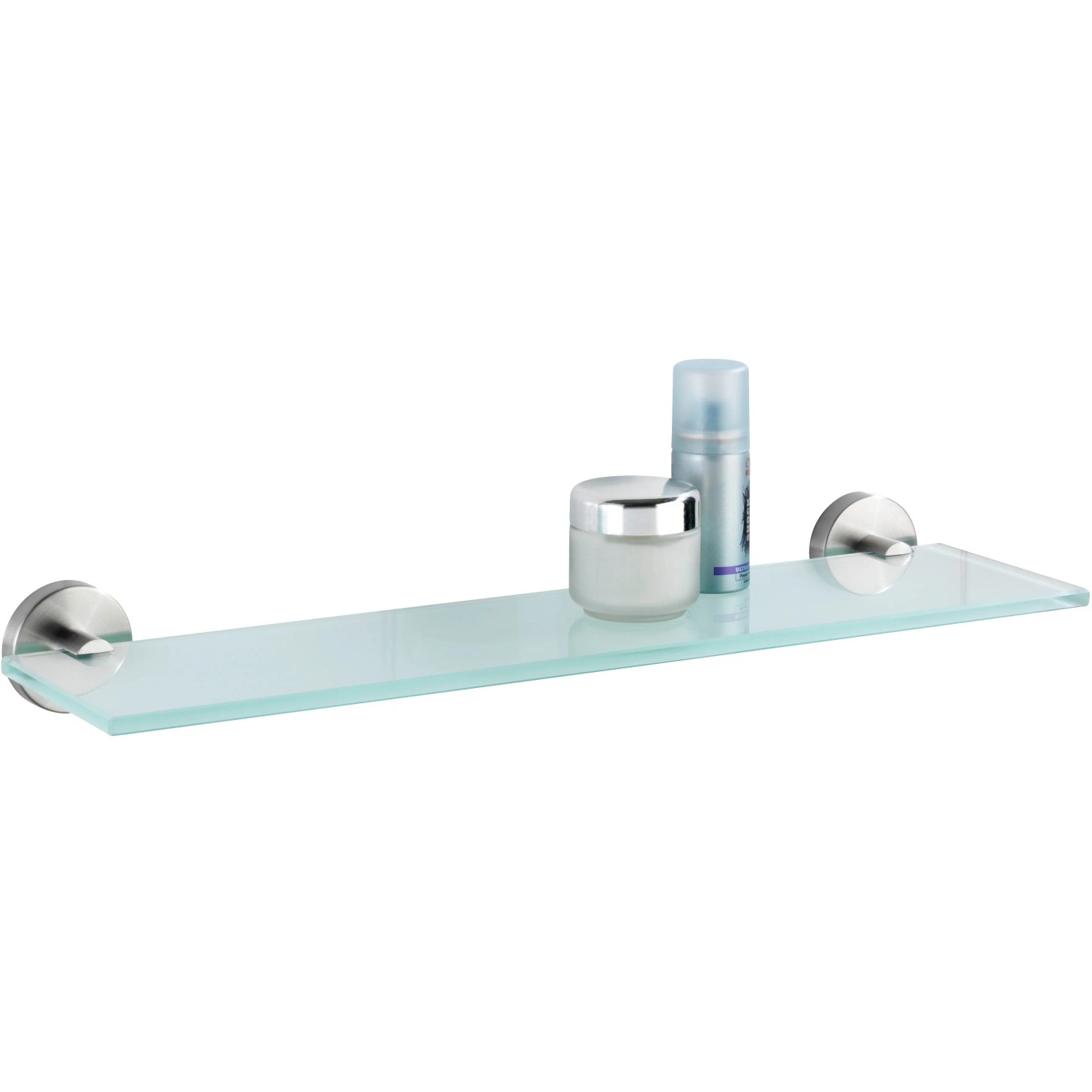 Wenko Glas Wandablage Bosio aus Edelstahl, mit Badutensilien dekoriert.