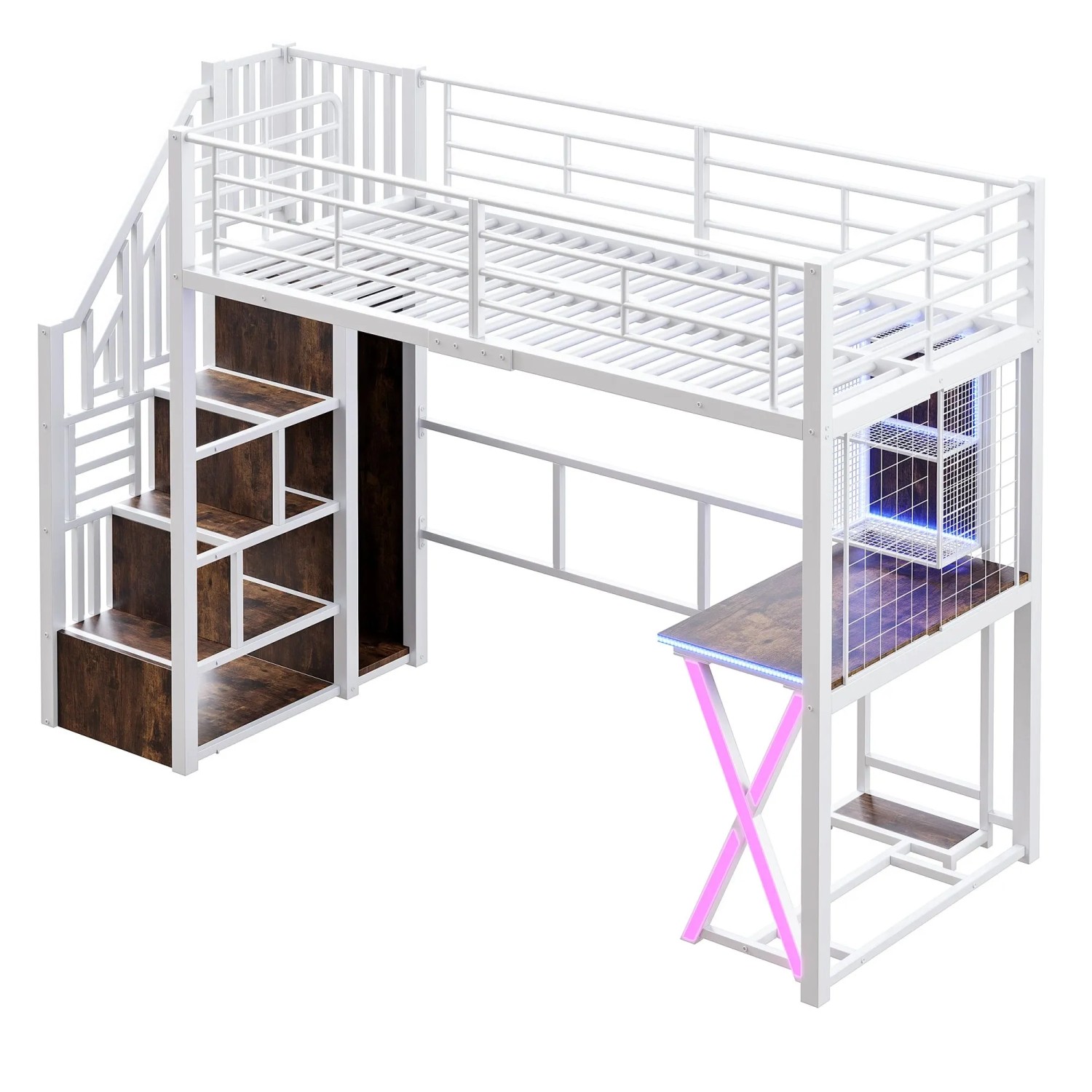 okwish Hochbett 90x200cm mit Schreibtisch und Kleiderschrank Weiß ohne Matratze