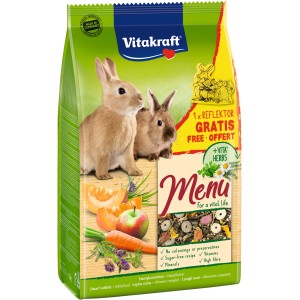 Vitakraft Menu Vital Kaninchenfutter 3kg mit Gemüse, Kräutern und zwei Kaninchen.
