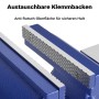 Nahaufnahme der blauen Schraubstock-Klemmbacken mit geriffelter Anti-Rutsch-Oberfläche für sicheren Halt von Werkstücken.