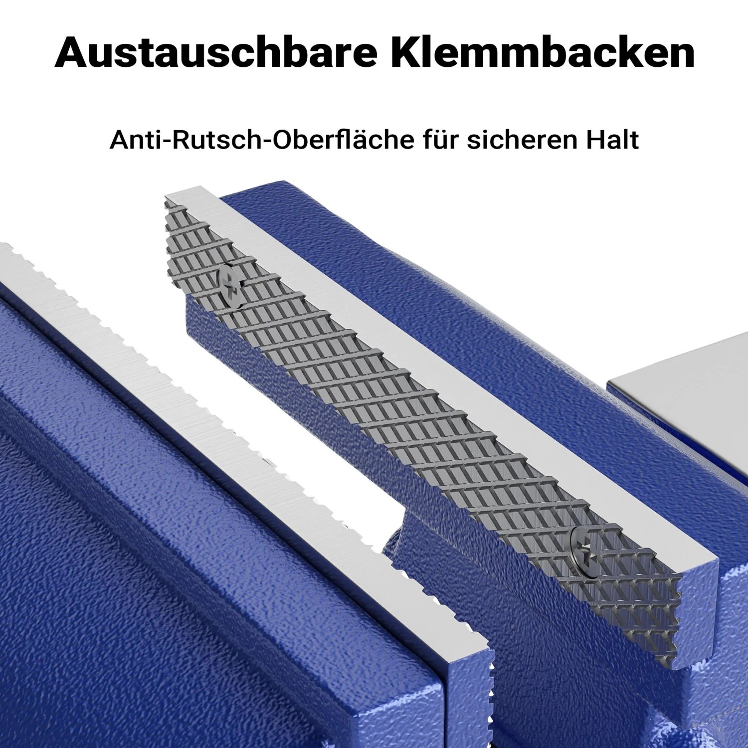 Nahaufnahme der blauen Schraubstock-Klemmbacken mit geriffelter Anti-Rutsch-Oberfläche für sicheren Halt von Werkstücken.