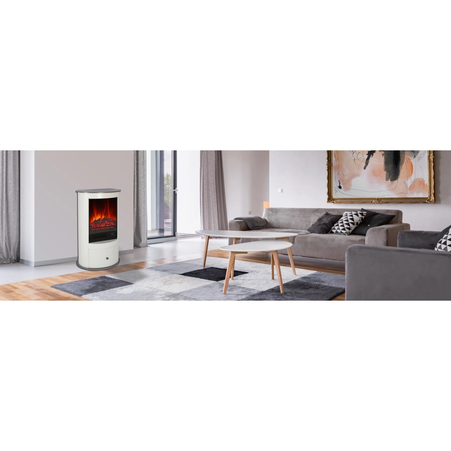 Weißer EL Fuego Elektrokamin Wien II im Wohnzimmer mit Sofa und Teppich.