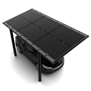 Schwarzes Ximax Solarcarport Linea mit Solarmodulen auf dem Dach, schützt ein schwarzes Auto darunter.