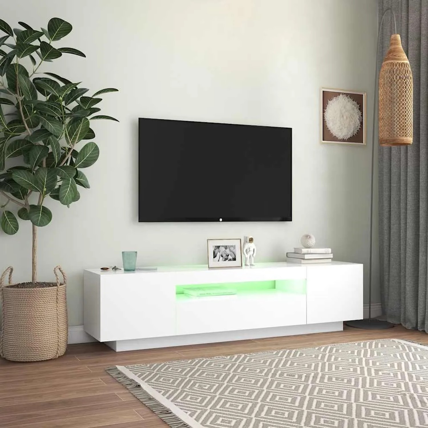 Weißer TV-Schrank mit LED-Beleuchtung (160 cm) von vidaXL im Wohnzimmer.