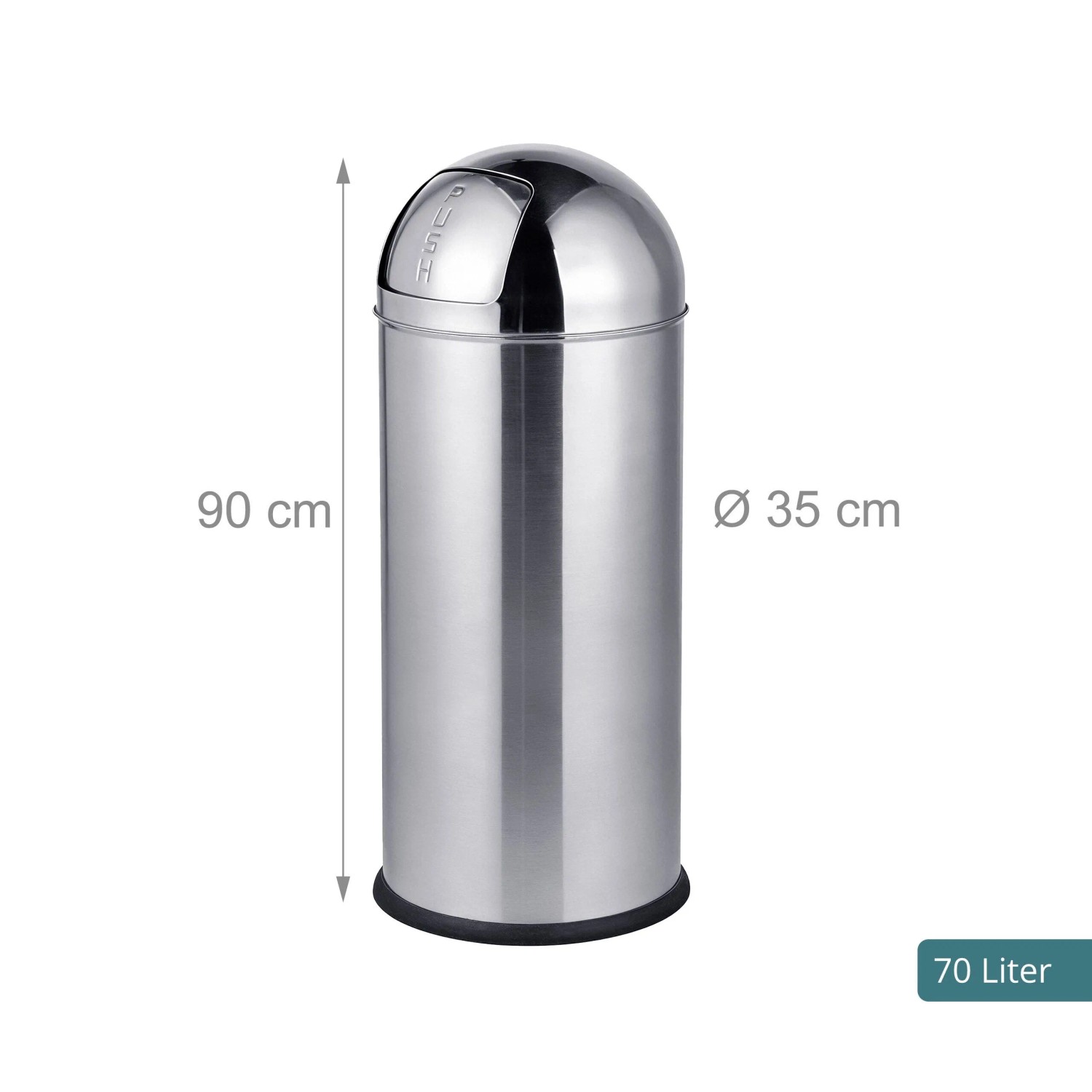 Silberner Edelstahl Mülleimer mit Push-Deckel, 70 Liter, 90x35 cm. Ideal für Küche und Bad.