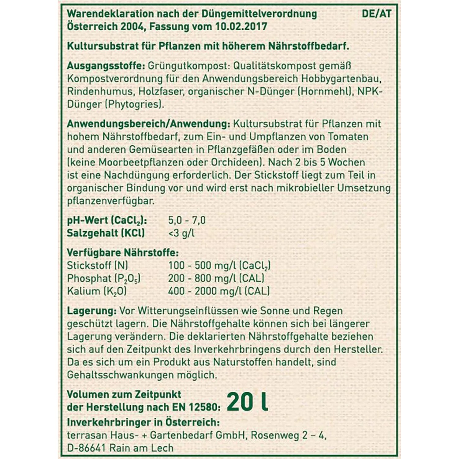 Detailaufnahme der Inhaltsangabe von OBI Bio Tomaten- und Gemüseerde.