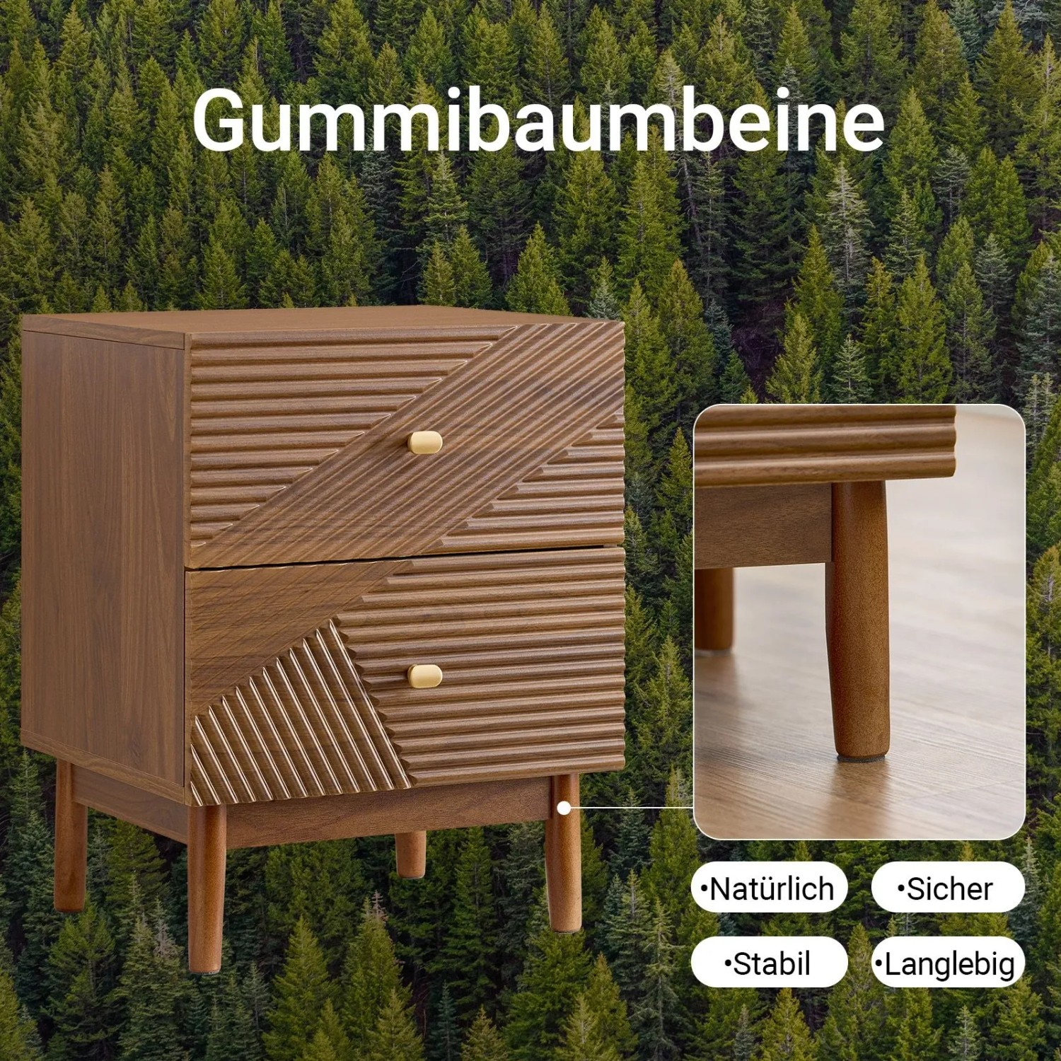 Brauner Vintage Nachttisch mit 2 geriffelten Schubladen, oben diagonal. Stabile Gummibaumbeine. Vielseitiger Beistelltisch.
