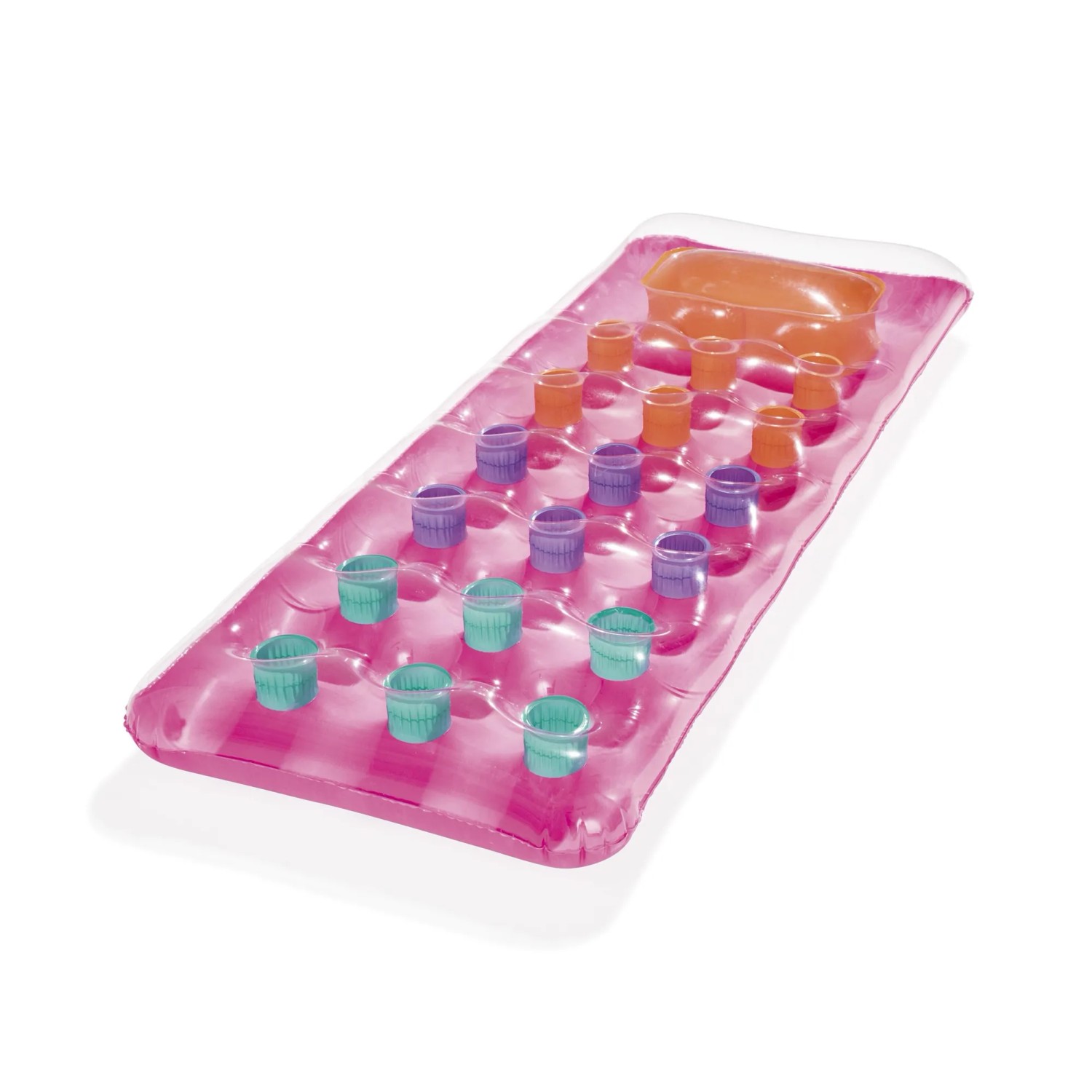 Bestway Luftmatratze, 177x63cm, rosa mit farbigen Akzenten und Kopfstütze.