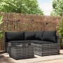 Graues 4-tlg. vidaXL Garten Lounge Set aus Rattan mit anthrazitfarbenen Kissen und Tisch.