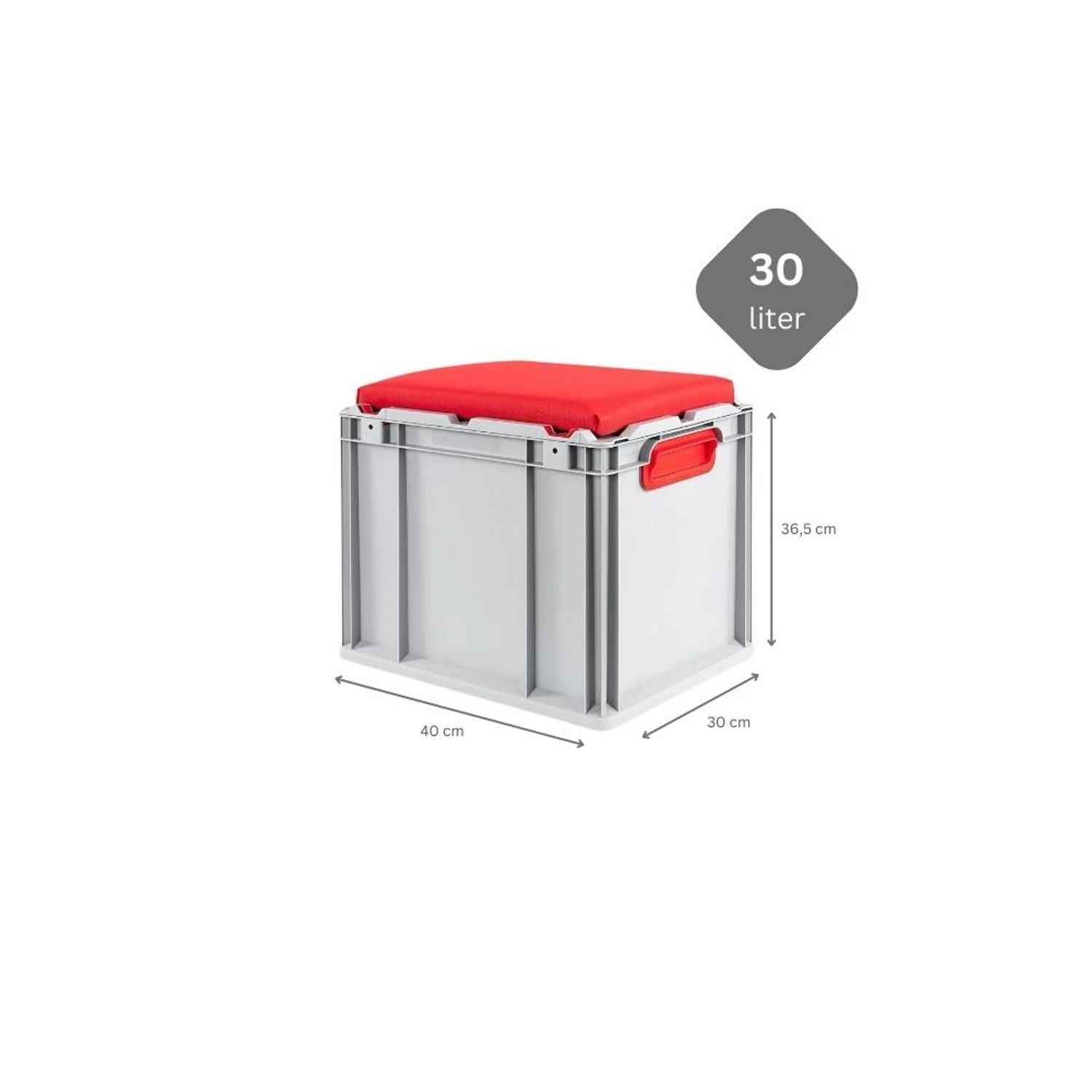 Eurobox Sitzbox 30L im 4er Sparset: Graue Aufbewahrungsbox mit rotem Sitzkissen, geschlossen mit Griffen.