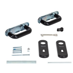 Schwarze Drückergarnitur für Feuerschutztüren, inklusive Schlüssel und Montagematerial.