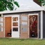 Karibu Gartenhaus Vännersborg, terragrau, mit offenen Türen und Fahrrädern im Inneren.