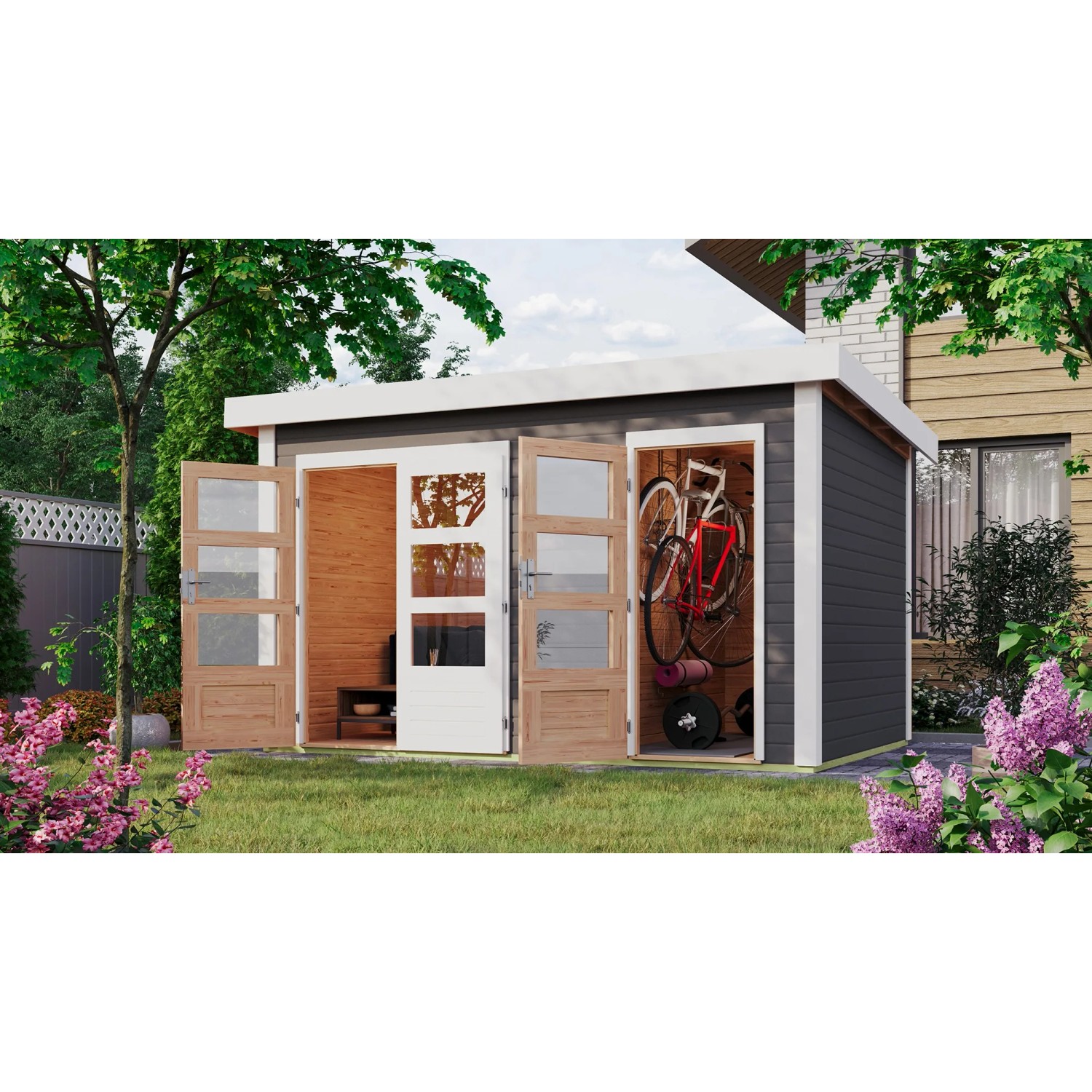 Karibu Gartenhaus Vännersborg, terragrau, mit offenen Türen und Fahrrädern im Inneren.