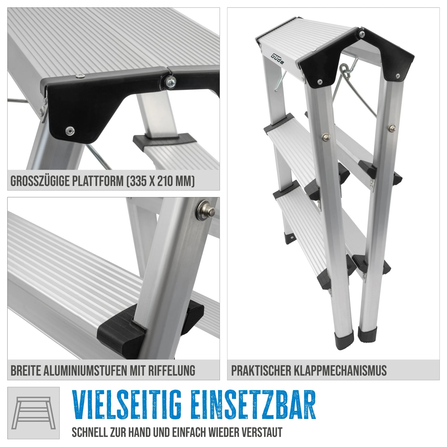 Aluminium Trittleiter GAT 3S mit 3 Stufen, zusammenklappbar für Haus und Bau.