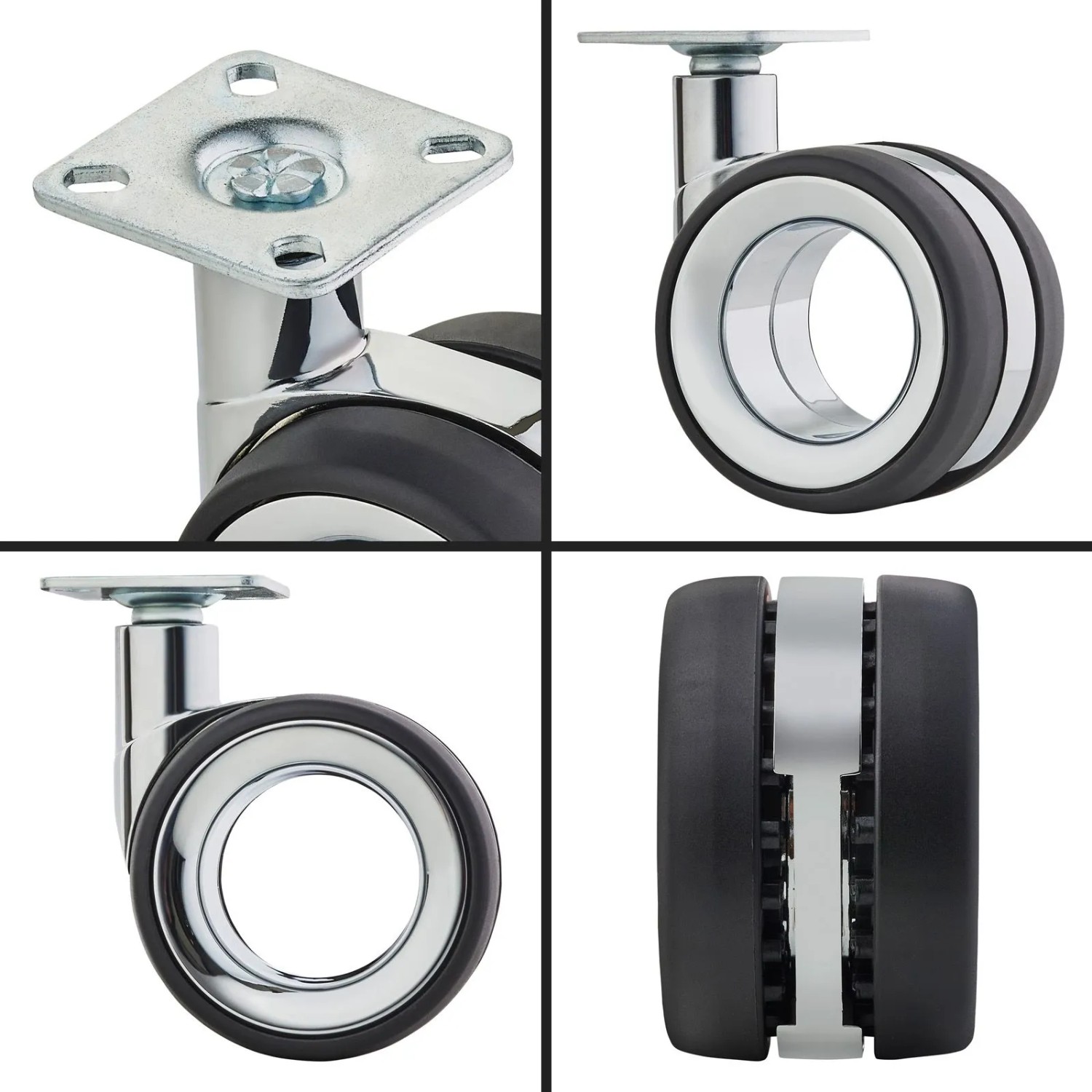 SOTECH Möbelrollen Set, Ø75mm, Chrom/Schwarz, 2x mit Bremse, 2x ohne Bremse. Rollen & Räder.