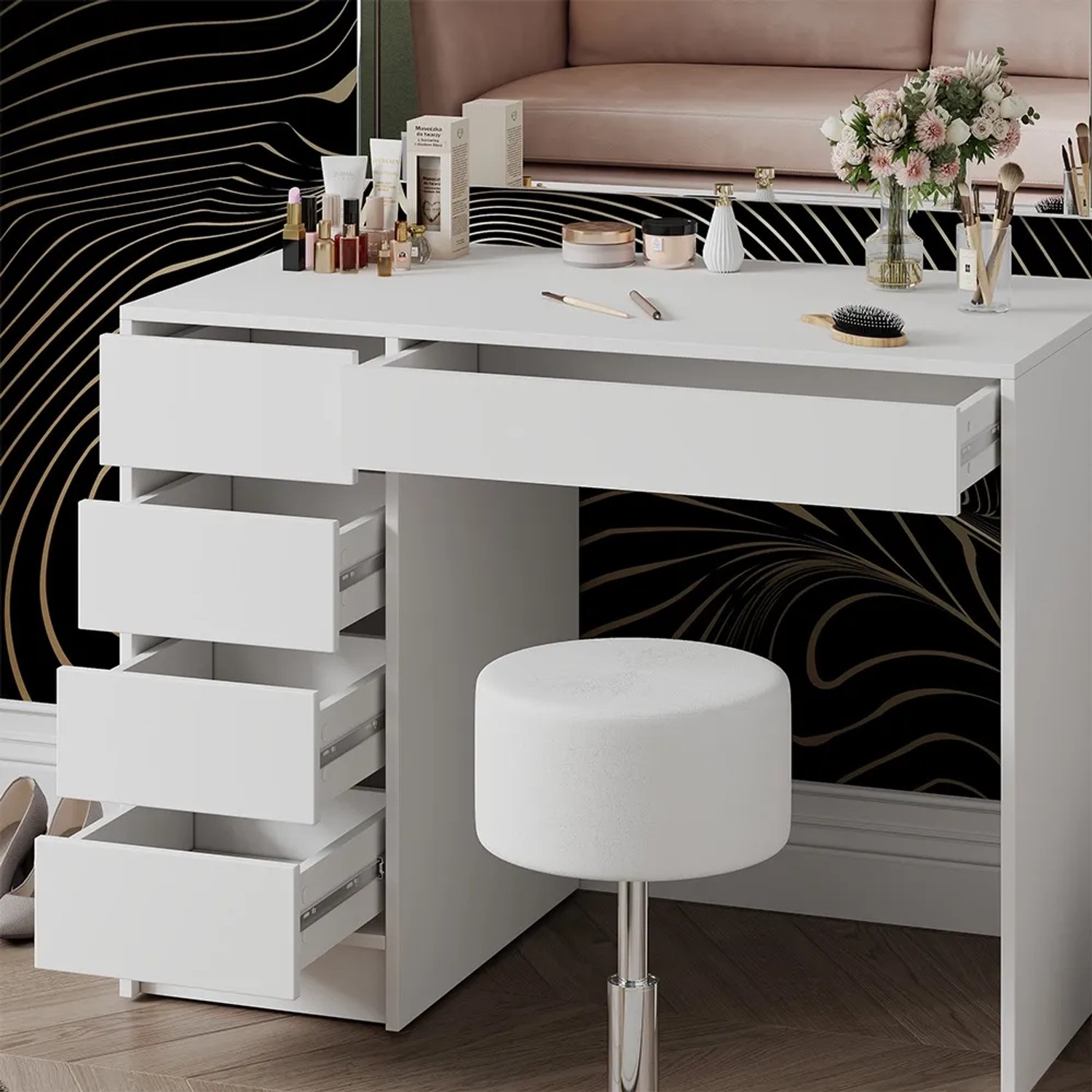 Vicco Schminktisch Thalia weiß mit Hocker, Schubladen offen. Ideal für die tägliche Beauty-Routine.