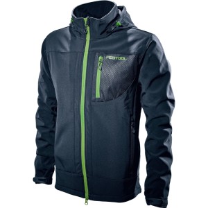 Dunkelblaue Festool Herren Softshell Jacke mit grünen Reißverschlüssen und abnehmbarer Kapuze. Ideal als Arbeitskleidung.