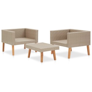 Beiges 3-tlg. Garten-Lounge-Set aus Polyrattan mit Tisch und zwei Sesseln.