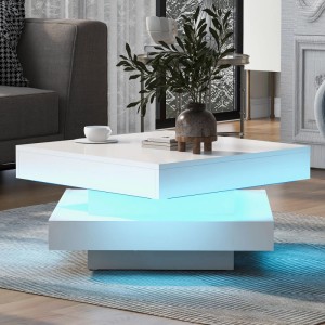 Merax Couchtisch Quadratisch Hochglanz Mit LED Drehbarer Tischplatte Weiß
