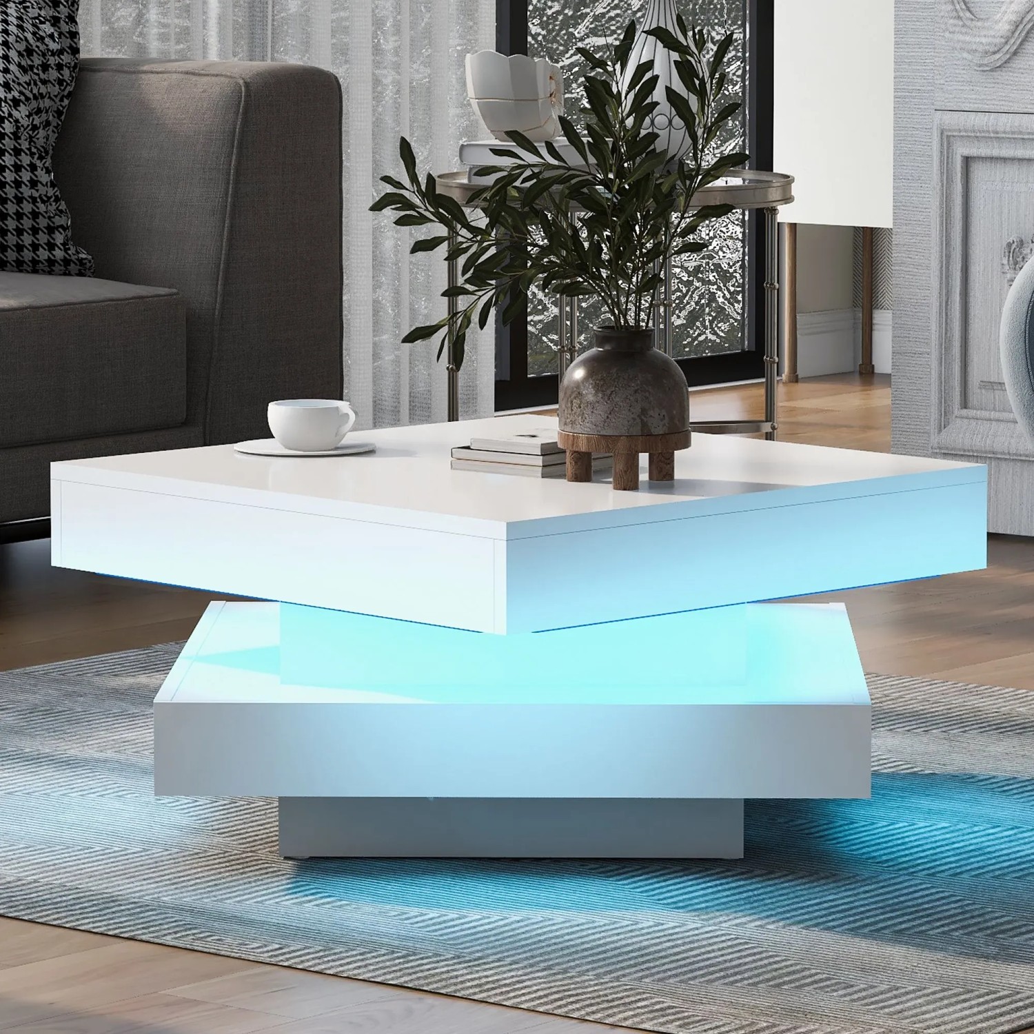 Merax Couchtisch Quadratisch Hochglanz Mit LED Drehbarer Tischplatte Weiß