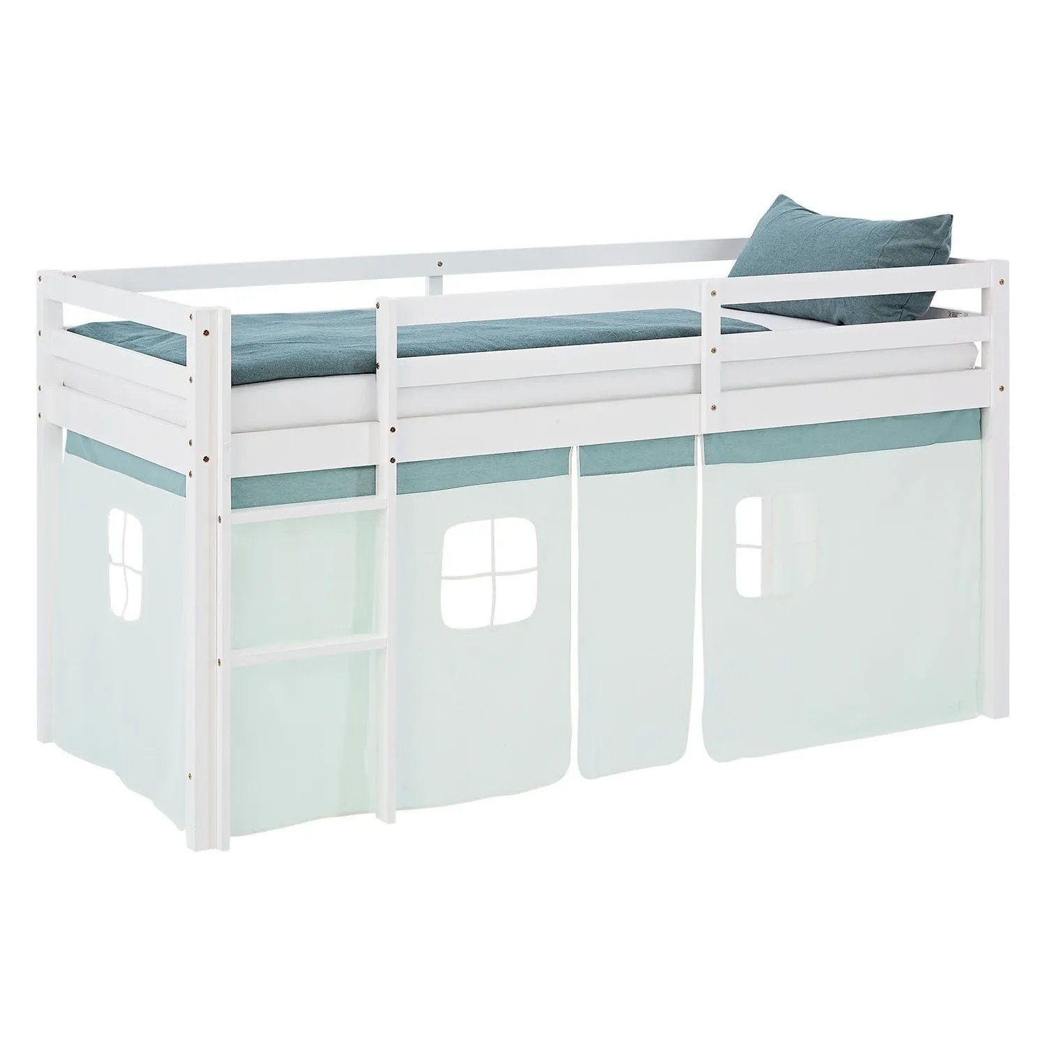 Homestyle4u Kinder Hochbett 90x20 Kinderbett mit Matratze mit Lattenrost Vorhang Grün 2942
