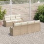 Beige vidaXL Garten-Sofa-Set, 8-teilig, mit Tisch und weißen Polstern. Gartenmöbel aus Rattan.