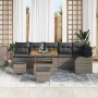 Graues 9-teiliges vidaXL Garten-Sofa-Set aus Poly Rattan mit höhenverstellbarem Tisch.